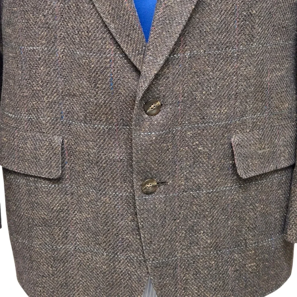 Vtg Christian Dior Monsieur Silk Sport Coat 44R Tweed Herringbone Windowpane Brn